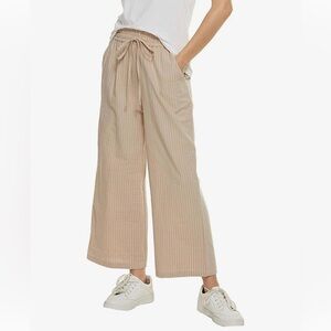 🆕 Boutique Linen Cream Striped Ankle Crop Wide Leg Pants